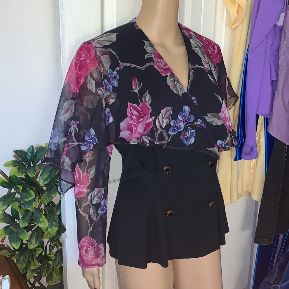 Vintage 80’s pink black sheer chiffon collar bow blazer jacket M
